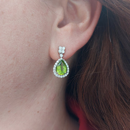 4.60ct Pear Cut Peridot and Diamond Cluster Drop Earrings