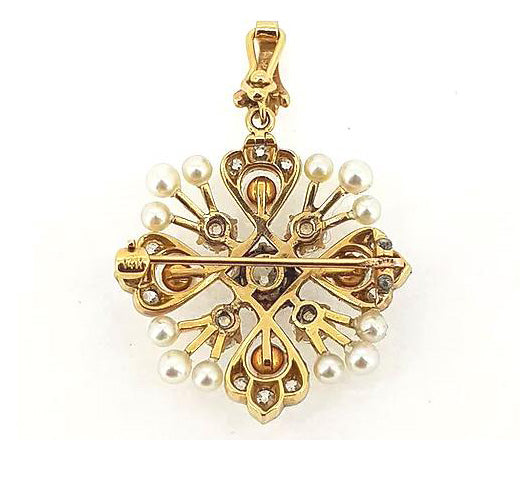 Antique Natural Pearl and Old Cut Diamond Pendant Brooch, floral starburst design. Central diamond approx 1.00 carat.