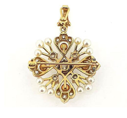 Antique Natural Pearl and Old Cut Diamond Pendant Brooch, floral starburst design. Central diamond approx 1.00 carat.