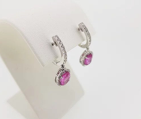 Pink Sapphire and Diamond Oval Cluster Drop Earrings; 2.01cts oval pink sapphires surrounded by diamonds, diamond set hoops, 18ct white gold