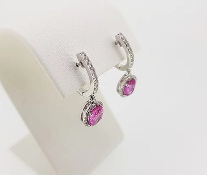 Pink Sapphire and Diamond Oval Cluster Drop Earrings; 2.01cts oval pink sapphires surrounded by diamonds, diamond set hoops, 18ct white gold