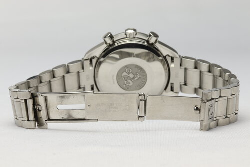 Omega Speedmaster Day Date 38mm Automatic Chronograph Stainless Steel Watch, blue dial with weekday, month and date indicators, steel bracelet strap