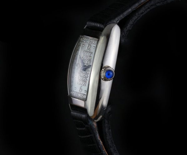 Franck Muller 18ct White Gold and Diamond 20mm Ladies Quartz Watch, diamond dial and buckle, mother of pearl face, black leather strap, Circa 2000s