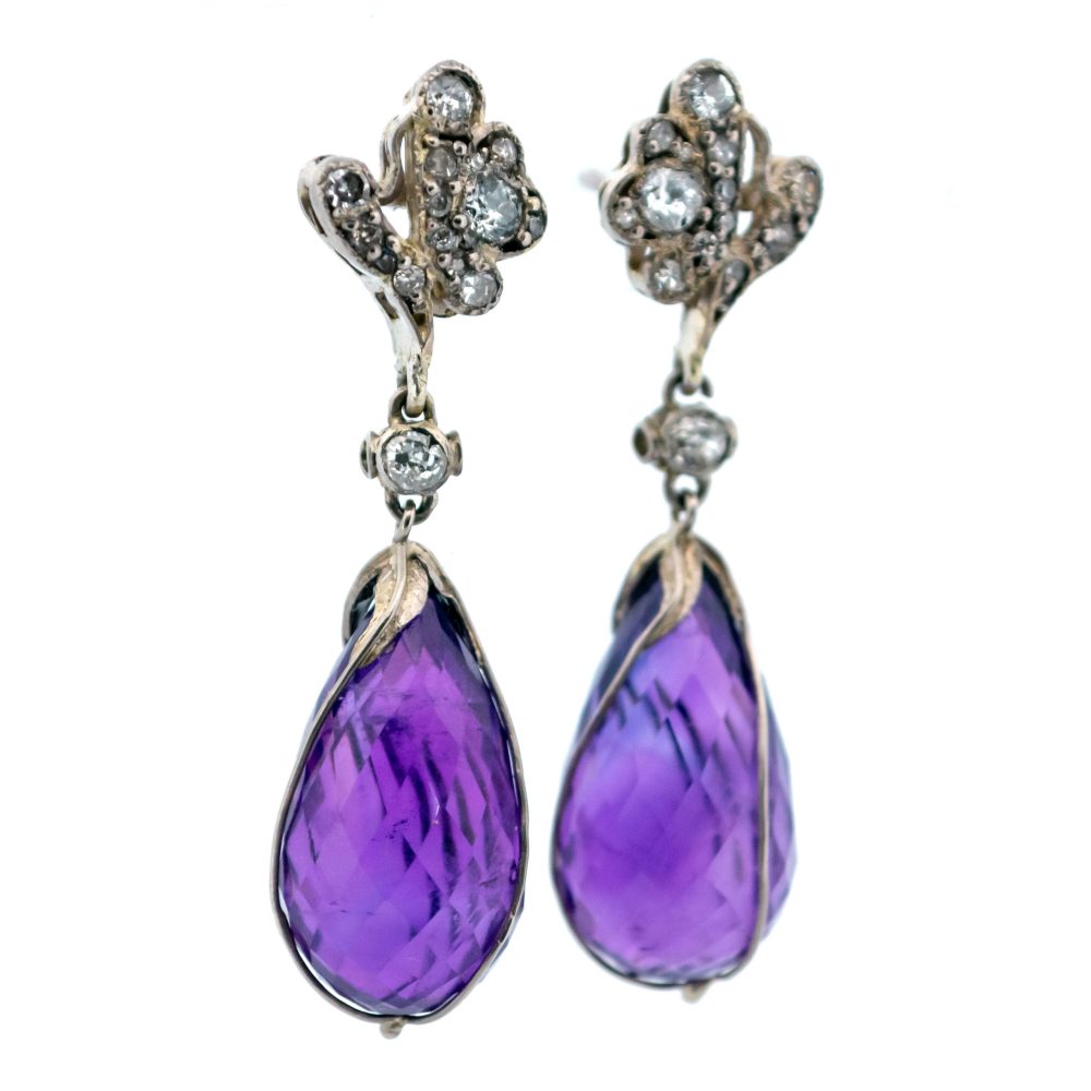 Vintage Amethyst And Diamond Drop Earrings In 14 Carat White Gold