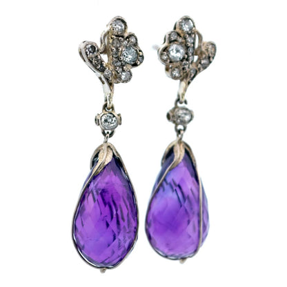 Vintage Amethyst And Diamond Drop Earrings In 14 Carat White Gold