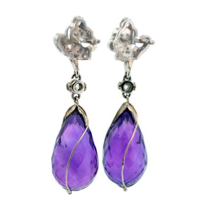 Vintage Amethyst And Diamond Drop Earrings In 14 Carat White Gold