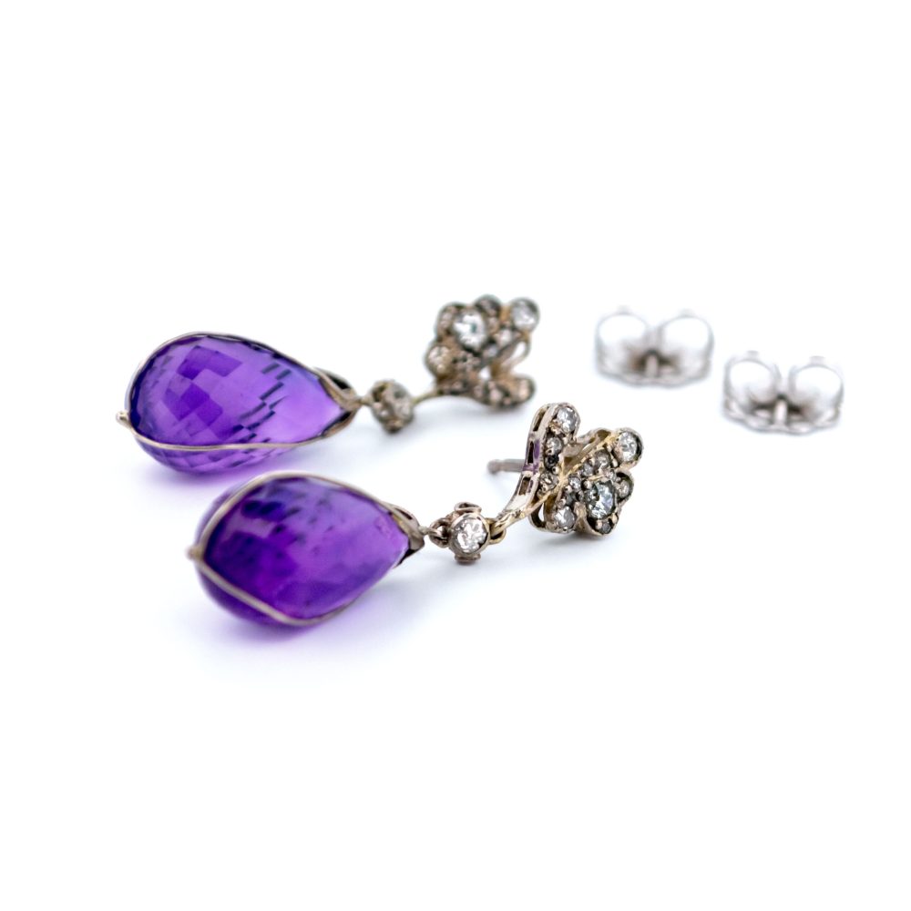 Vintage Amethyst And Diamond Drop Earrings In 14 Carat White Gold