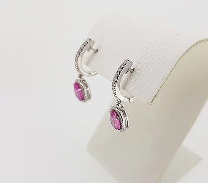 2.01ct Pink Sapphire and Diamond Oval Cluster Drop Earrings