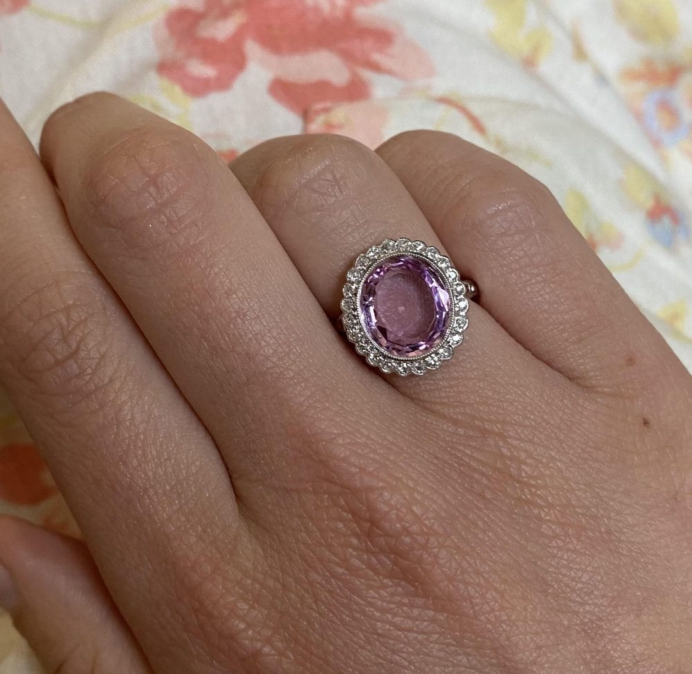 Edwardian Style 3ct Pink Topaz and Diamond Cluster Ring in Platinum