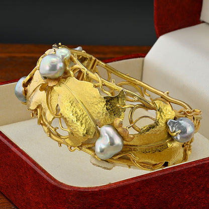 Vintage Cecconi Pearl and 18ct Yellow Gold Ivy Leaf Design Bangle Bracelet
