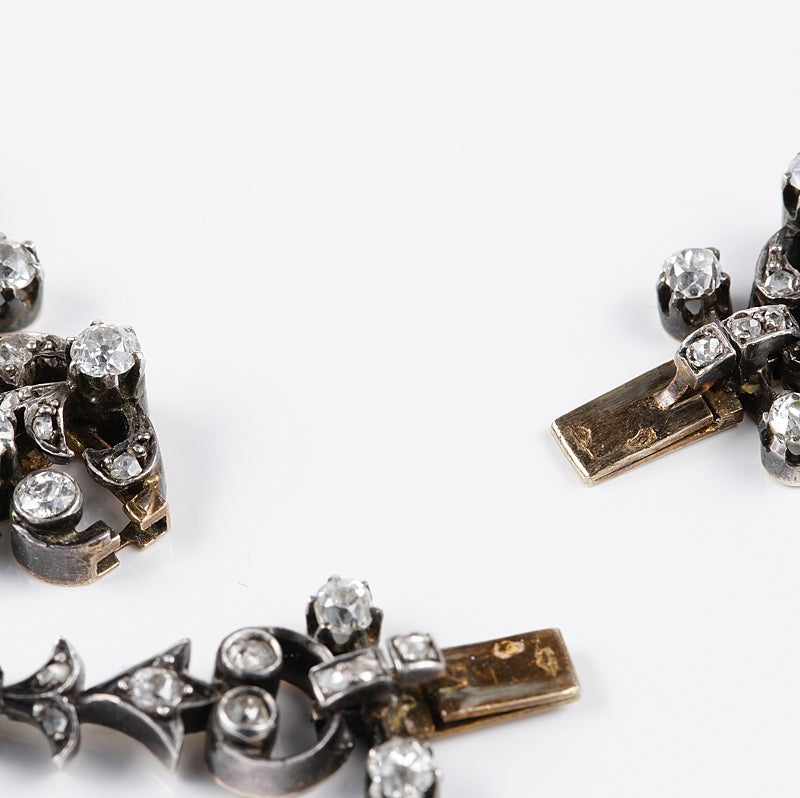 Victorian Antique French 12.20ct Old Mine Cut and Rose Cut Diamond Necklace come Bracelet in Silver and 18ct Rose Gold, Circa 1840