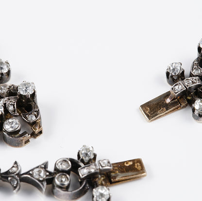 Victorian Antique French 12.20ct Old Mine Cut and Rose Cut Diamond Necklace come Bracelet in Silver and 18ct Rose Gold, Circa 1840