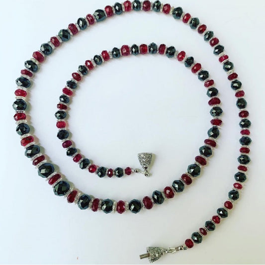 Black and White Diamond Necklace with Red Spinel