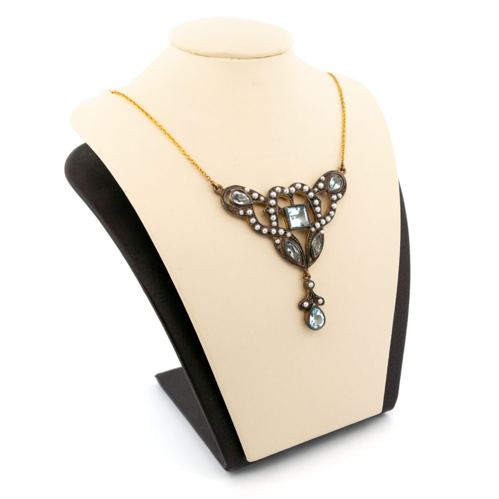 Vintage Aquamarine And Pearl Lavaier Necklace In Gold And Silver