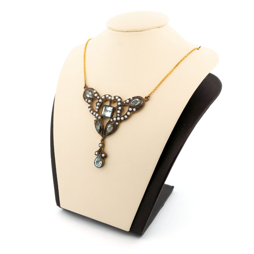 Vintage Aquamarine And Pearl Lavaier Necklace In Gold And Silver