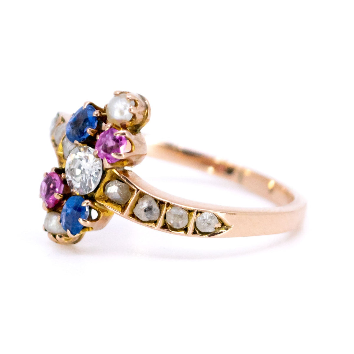 Antique Art Nouveau 14 Carat Gold, Diamond, Pearl, Ruby and Sapphire Ring