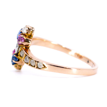Antique Art Nouveau 14 Carat Gold, Diamond, Pearl, Ruby and Sapphire Ring