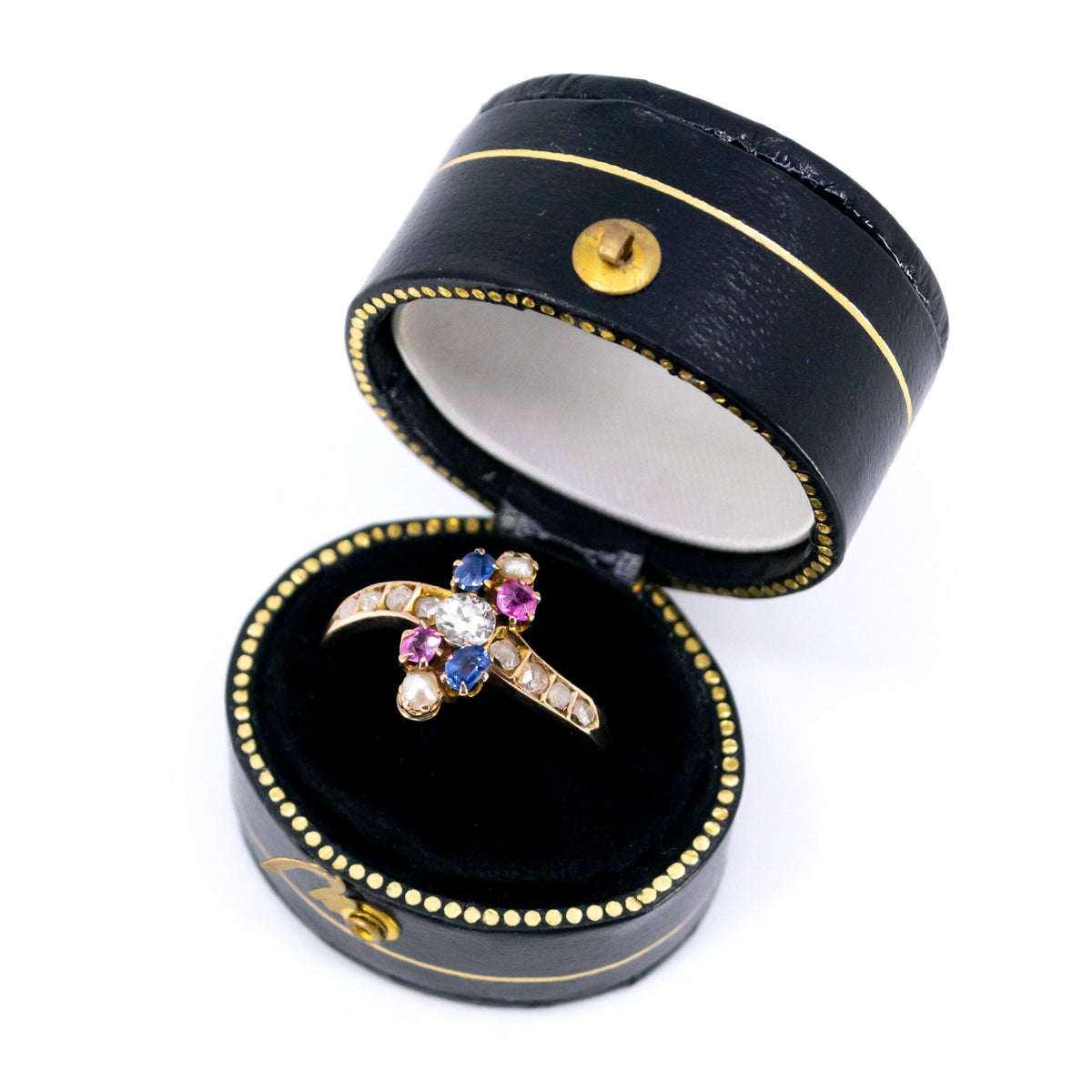 Antique Art Nouveau 14 Carat Gold, Diamond, Pearl, Ruby and Sapphire Ring