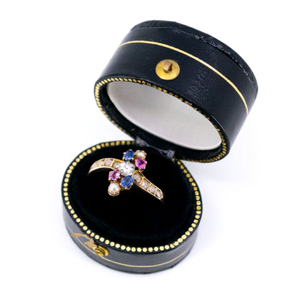 Antique Art Nouveau 14 Carat Gold, Diamond, Pearl, Ruby and Sapphire Ring