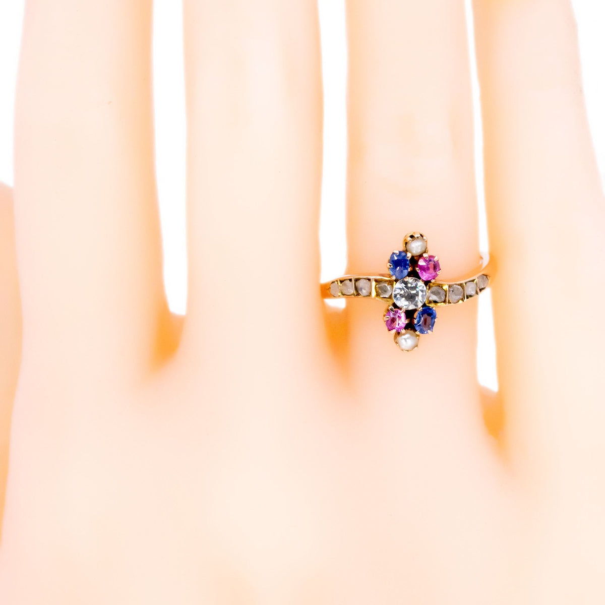 Antique Art Nouveau 14 Carat Gold, Diamond, Pearl, Ruby and Sapphire Ring