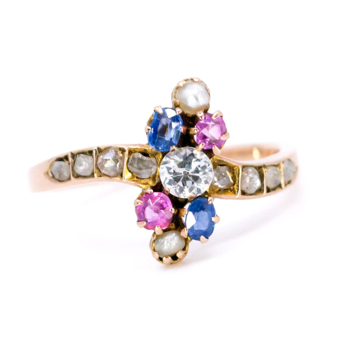 Antique Art Nouveau 14 Carat Gold, Diamond, Pearl, Ruby and Sapphire Ring