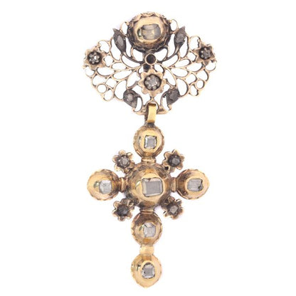 Antique Mid 18th Century Rose Cut Diamond Set 18ct Gold Cross Pendant