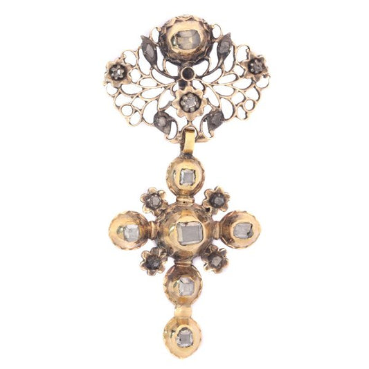 Antique Mid 18th Century Rose Cut Diamond Set 18ct Gold Cross Pendant