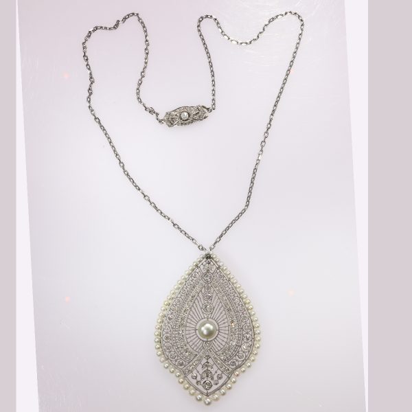 Antique Edwardian Natural Pearl and Diamond Princess Necklace