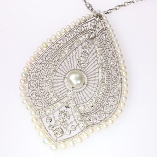 Antique Edwardian Natural Pearl and Diamond Princess Necklace