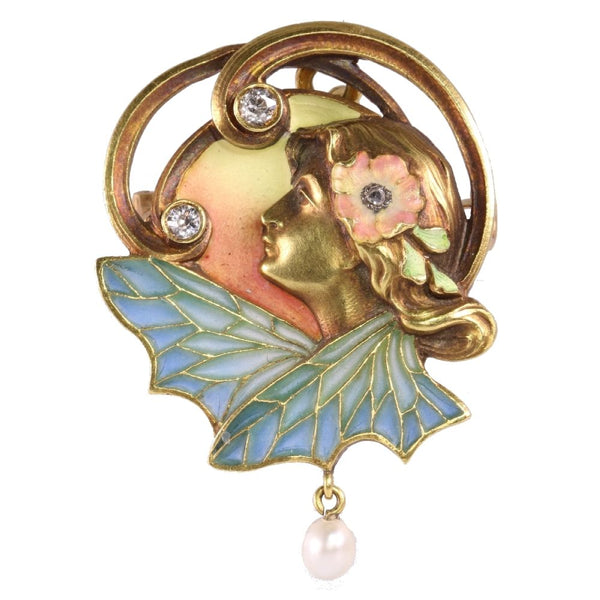 Antique Art Nouveau Plique à Jour Enamel Pendant Brooch