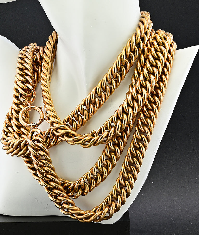 Victorian Antique 14ct Yellow Gold Long Heavy Curb Chain Necklace. Late 19th century Circa 1880