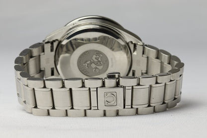 Omega Speedmaster Day Date 38mm Automatic Chronograph Stainless Steel Watch, blue dial with weekday, month and date indicators, steel bracelet strap