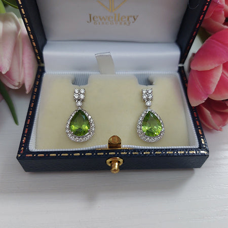 Pear Cut Peridot and Diamond Cluster Drop Earrings, 4.60 carats