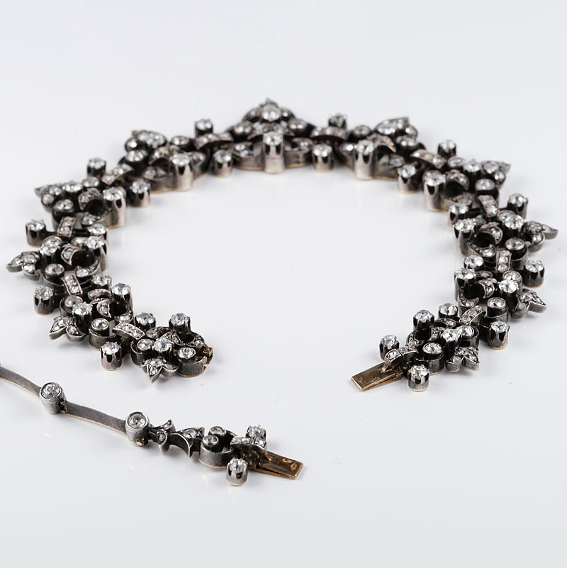 Victorian Antique French 12.20ct Old Mine Cut and Rose Cut Diamond Necklace come Bracelet in Silver and 18ct Rose Gold, Circa 1840