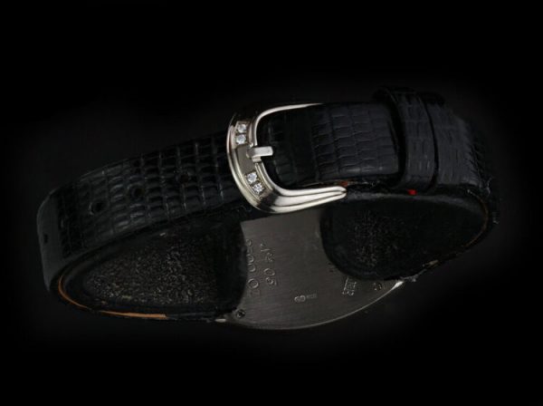 Franck Muller 18ct White Gold and Diamond 20mm Ladies Quartz Watch, diamond dial and buckle, mother of pearl face, black leather strap, Circa 2000s