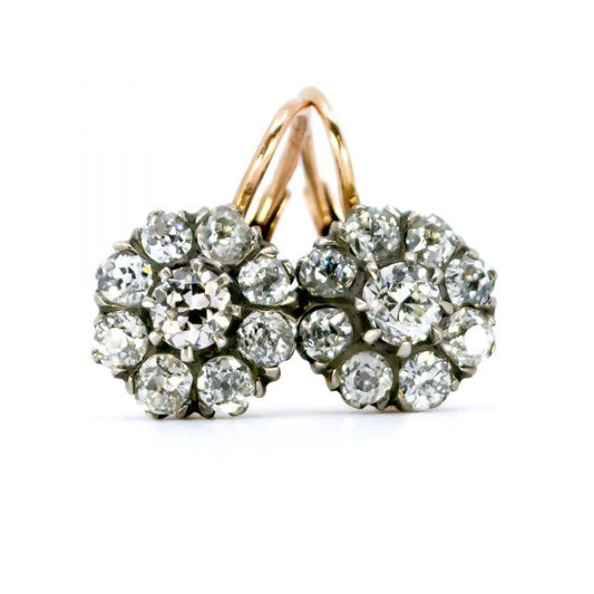 Antique Victorian 2ct Old Mine Cut Diamond Cluster Drop Earrings