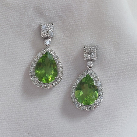 4.60ct Peridot and Diamond Pear Shaped Cluster Drop Earrings
