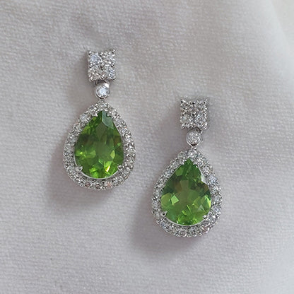 4.60ct Peridot and Diamond Pear Shaped Cluster Drop Earrings