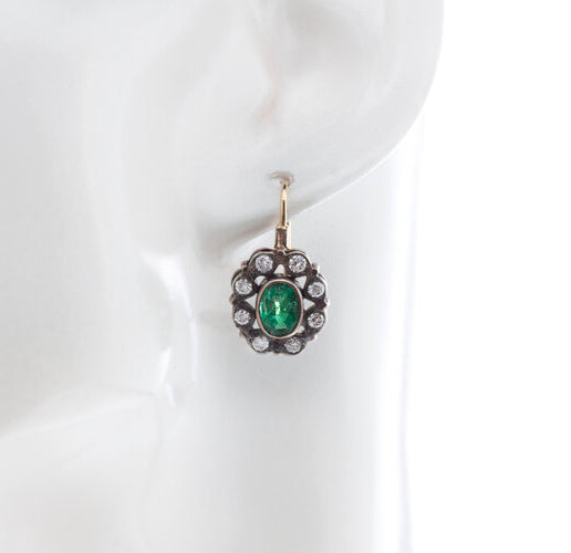 Antique Victorian 2ct Emerald and Diamond Oval Cluster Drop Earrings