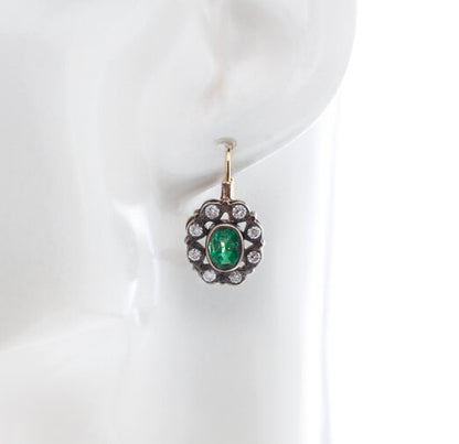 Antique Victorian 2ct Emerald and Diamond Oval Cluster Drop Earrings