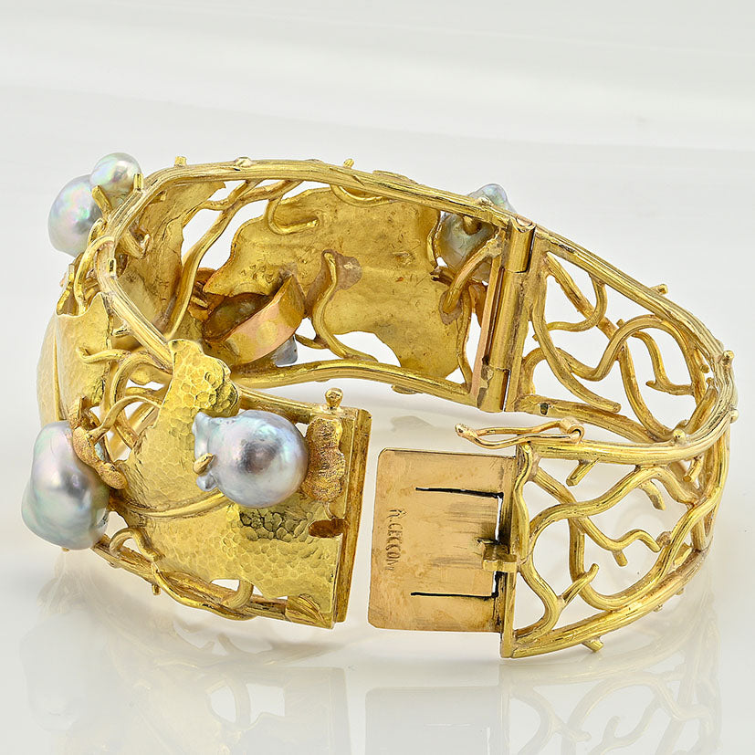 Vintage Cecconi Pearl and 18ct Yellow Gold Ivy Leaf Design Bangle Bracelet