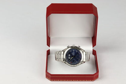 Omega Speedmaster Day Date 38mm Automatic Chronograph Stainless Steel Watch, blue dial with weekday, month and date indicators, steel bracelet strap