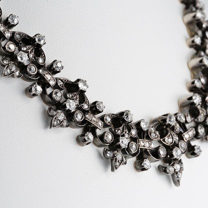 Victorian Antique French 12.20ct Old Mine Cut and Rose Cut Diamond Necklace come Bracelet in Silver and 18ct Rose Gold, Circa 1840