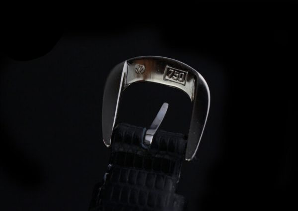 Franck Muller 18ct White Gold and Diamond 20mm Ladies Quartz Watch, diamond dial and buckle, mother of pearl face, black leather strap, Circa 2000s