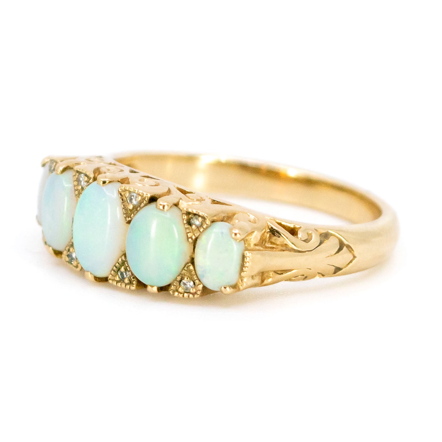 9 Carat Yellow Gold Opal and Diamond Graduated Five Stone Ring