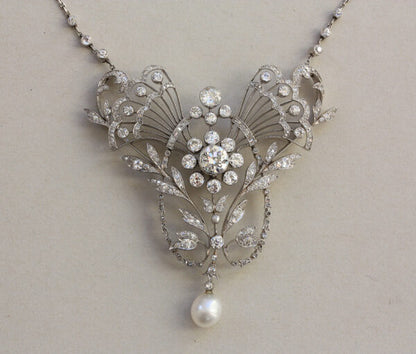 Antique Edwardian 3.7ct Old Cut Diamond, Pearl and Platinum Necklace/Brooch; with over 200 old and rose-cut diamonds totaling 3.70 carats, natural pearl drop
