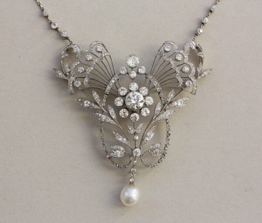 Antique Edwardian 3.7ct Old Cut Diamond, Pearl and Platinum Necklace/Brooch; with over 200 old and rose-cut diamonds totaling 3.70 carats, natural pearl drop