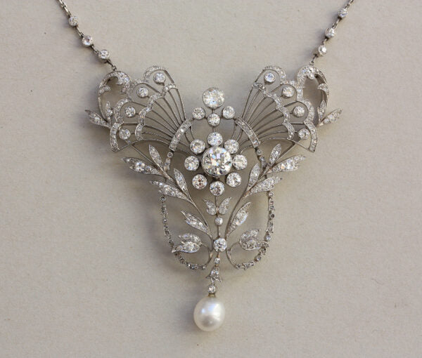 Antique Edwardian 3.7ct Old Cut Diamond, Pearl and Platinum Necklace/Brooch; with over 200 old and rose-cut diamonds totaling 3.70 carats, natural pearl drop