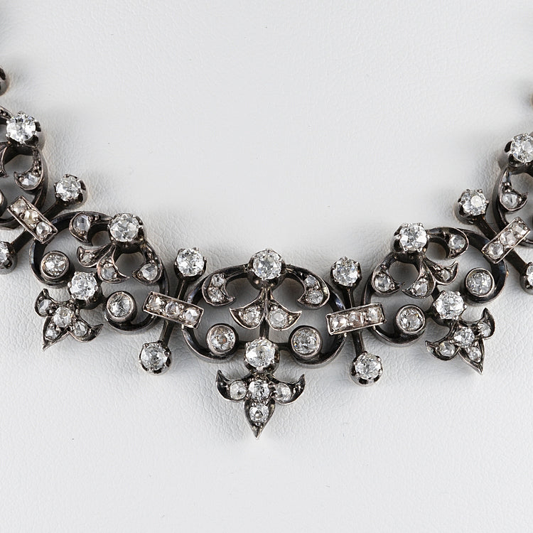 Victorian Antique French 12.20ct Old Mine Cut and Rose Cut Diamond Necklace come Bracelet in Silver and 18ct Rose Gold, Circa 1840