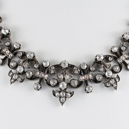 Victorian Antique French 12.20ct Old Mine Cut and Rose Cut Diamond Necklace come Bracelet in Silver and 18ct Rose Gold, Circa 1840